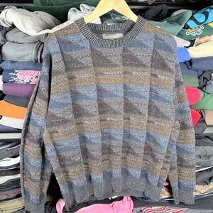 Croft & Barrow Mens Large Blue Brown Striped Textured Geometric Pullover Sweater